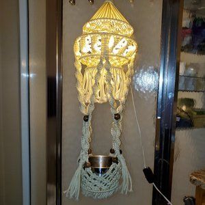 Vintage MCM 1970s Macrame Lighted plant hanger beaded